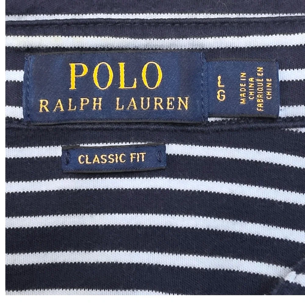 Polo Ralph Lauren Mens Large Classic Fit Navy White Striped Short Sleeve Shirt